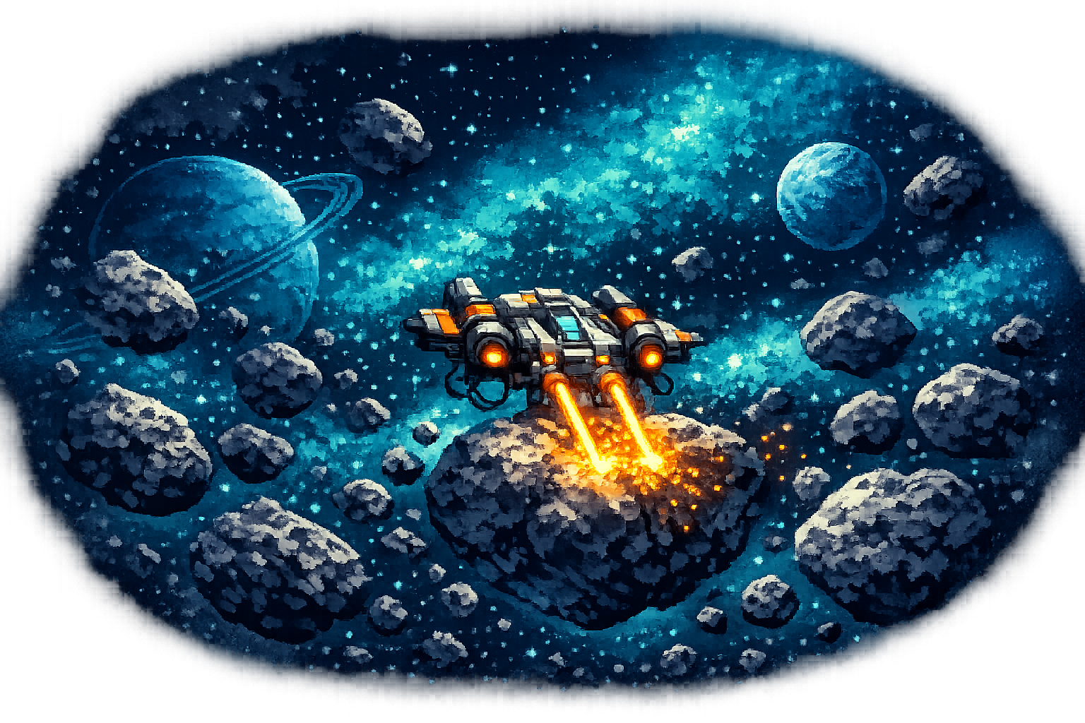a lone ship mining resources from an asteroid. many asteroids linger nearby, but the mining lasers are targeting one asteroid