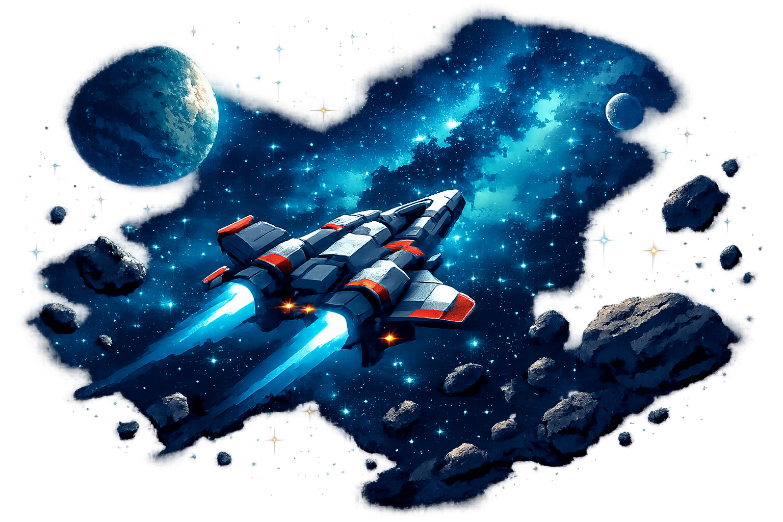 a lone ship flying among the stars
