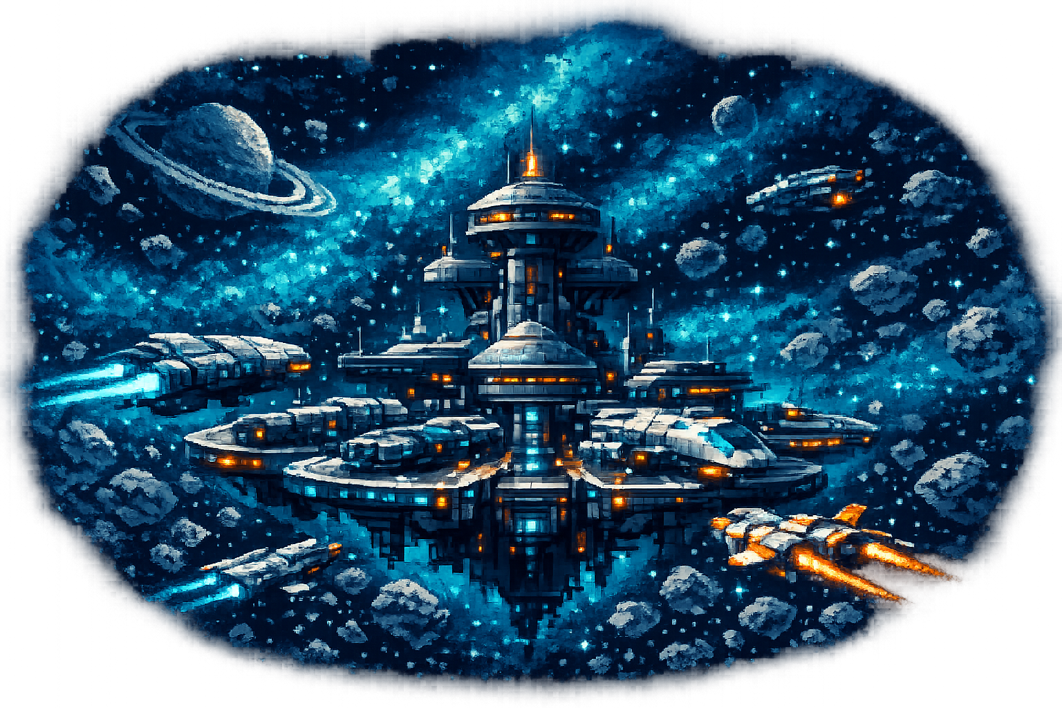 a space station with many ships docked att it and other ships leaving and arriving